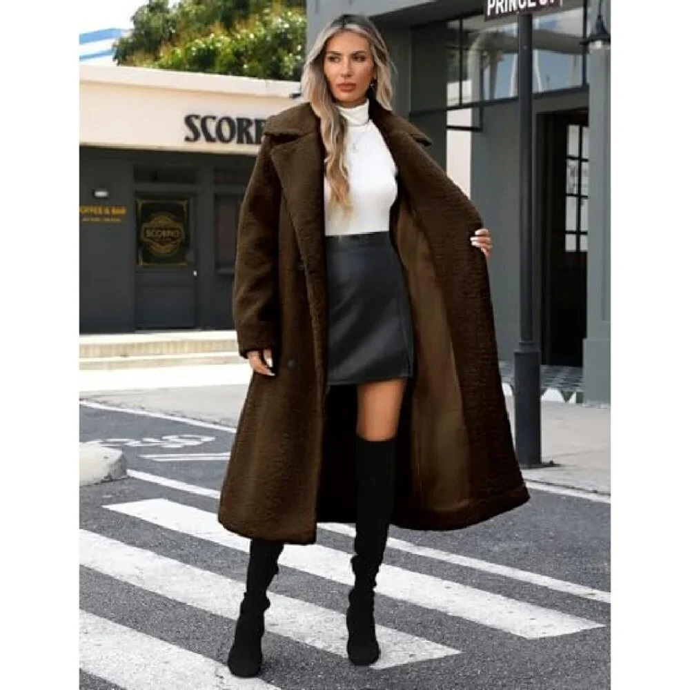 Oversized Faux Fur Long Coat Double-Breasted Winter Jacket with Pockets